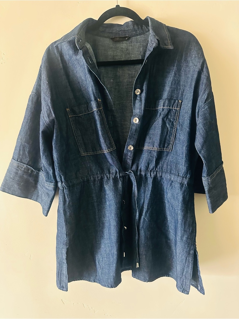 Zara Dark Blue women’s Denim Button-Front Drawstring Shirt